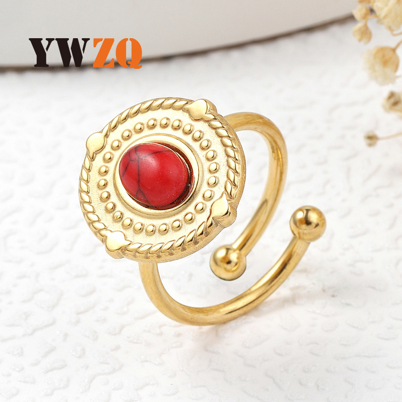 Transfronterizo de acero inoxidable de lujo de luz de la joyería hidráulica marca de soldadura redonda con incrustaciones de color turquesa abierto anillo de acero de titanio ventas directas de la fábrica