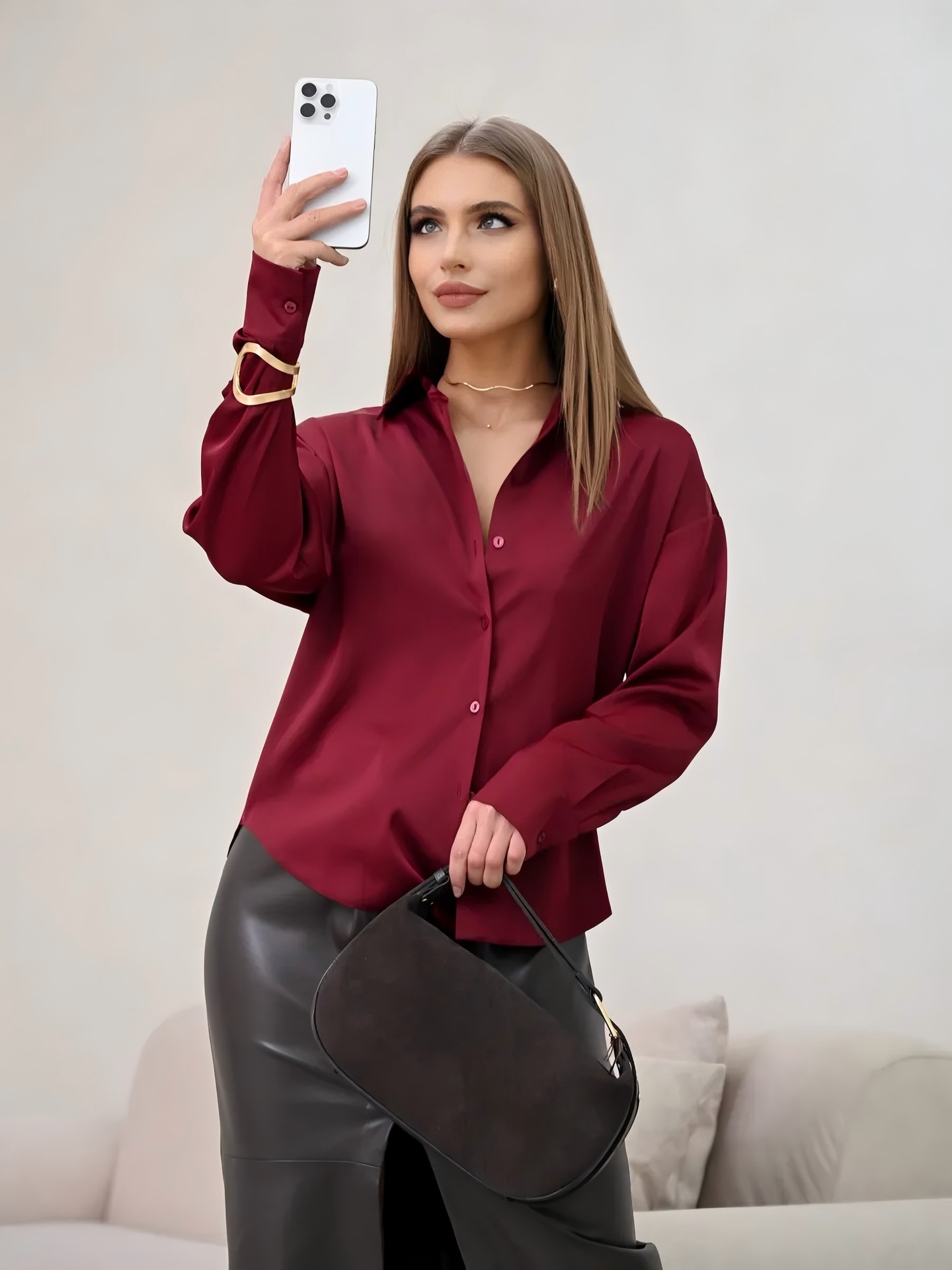 Women's Solid Color Acetate Long Sleeve Shirt Spring New Arrival Silky Satin Feel Wrinkle Resistant Drapey Texture Basic Top_ecoleips.com