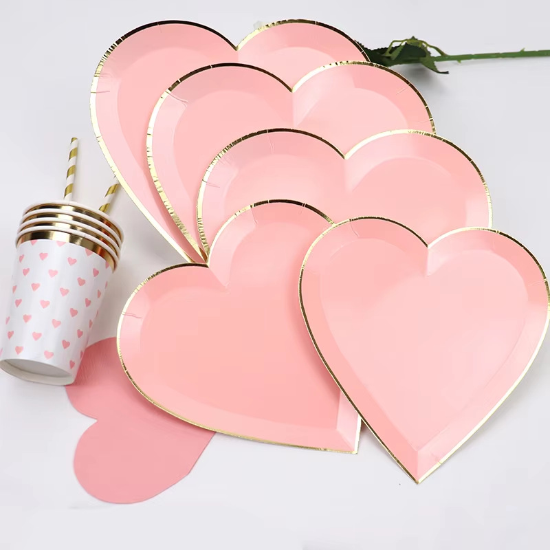 Placa de papel rosa de amor desechable set de cubiertos de San Valentín tema de pastel plato de refrigerio plato de fiesta