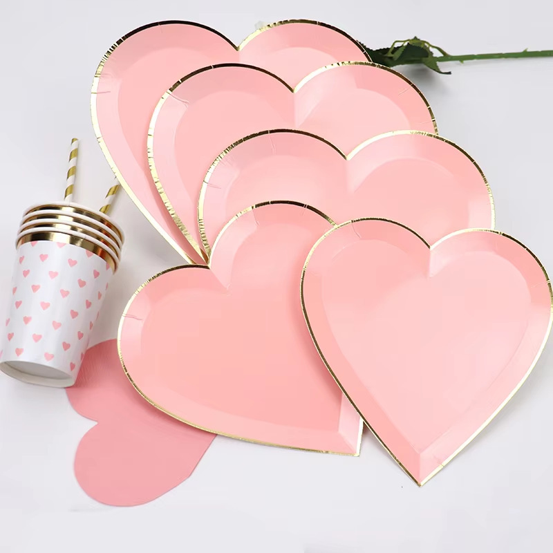 Pink Heart Paper Plate Disposable Tableware Set Valentine's Day Theme Cake Plate Snack Plate Party Venue Layout Pink Heart Paper Plate Disposable Tableware Set Valentine's Day Theme Cake Plate Snack Plate Party Venue Layout