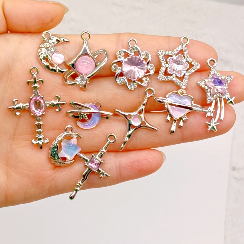 Pink purple colorful color alloy diamond pendant star moon bow diy earrings keychain handmade material