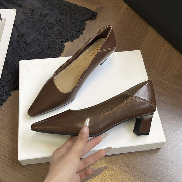 Giày cao gót nữ mũi vuông gót thô 3–6 cm kiểu Pháp thanh lịch, đế cao su, đi làm dự tiệc — Màu cà phê, Màu trắng ngà, màu đen