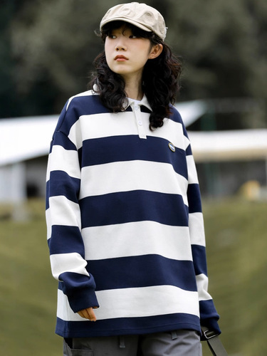 Japanese polo shirt lapel heavy hoodies men and women ins loose retro Hong Kong trend brand striped long-sleeved T-shirt