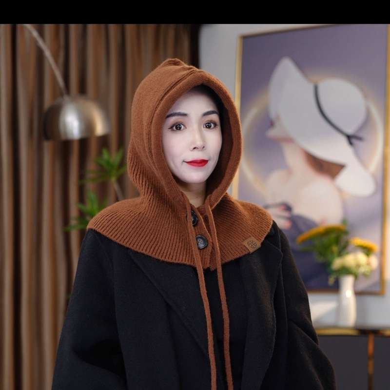 New Hat and Scarf All-In-One Women's Autumn and Winter Warm Ear Protection and Cold Protection Hooded Neck Scarf Cross-Border Wool Knitted Hat
