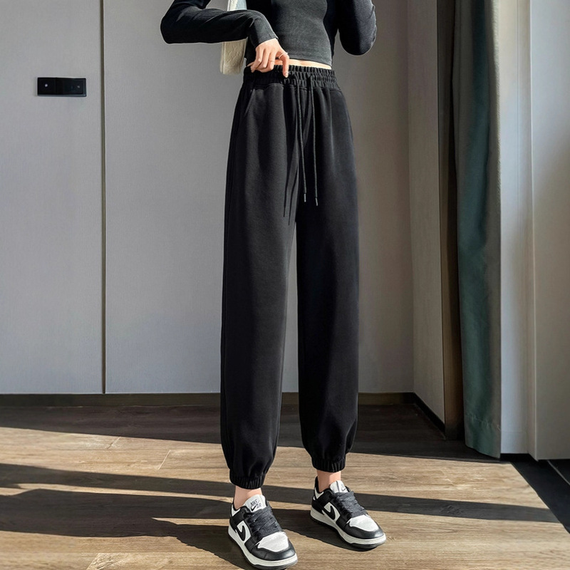 白灰色运动卫裤女春秋季新款高腰休闲直筒裤学生抽绳束脚哈伦裤子|undefined
