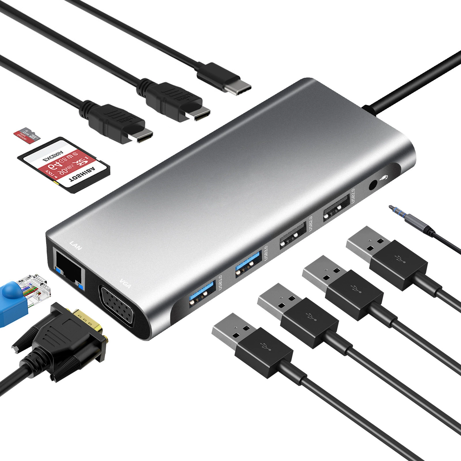Twelve-in-multi-function expansion dock Type-C to dual HDMI 4K VGA Gigabit network card USB HUB
