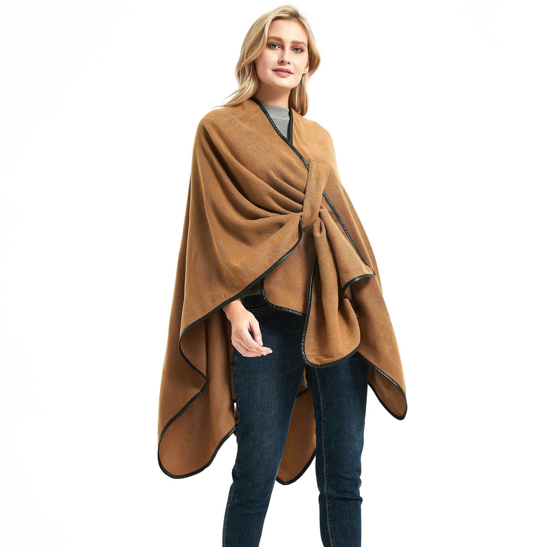 Unisex Fashion acrylic women's shawl clasp leather edge Solid camel split shawl_voghion.com