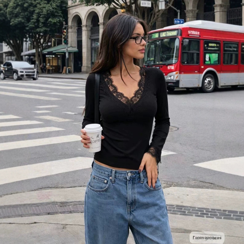 Cross-Border Women's Fashion New Solid Color Lace Trim Collar Base Shirt Versatile Slim Fit Slimming Knit Top Milk Silk Cross-Border Women's Fashion New Solid Color Lace Trim Collar Base Shirt Versatile Slim Fit Slimming Knit Top Milk Silk