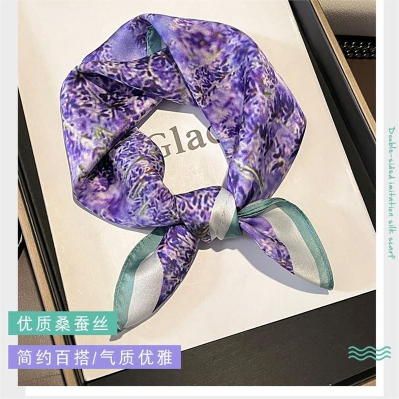 100%桑蚕丝53真丝缎面蓝色几何方巾女春夏季薄款韩版时尚百搭丝巾|undefined
