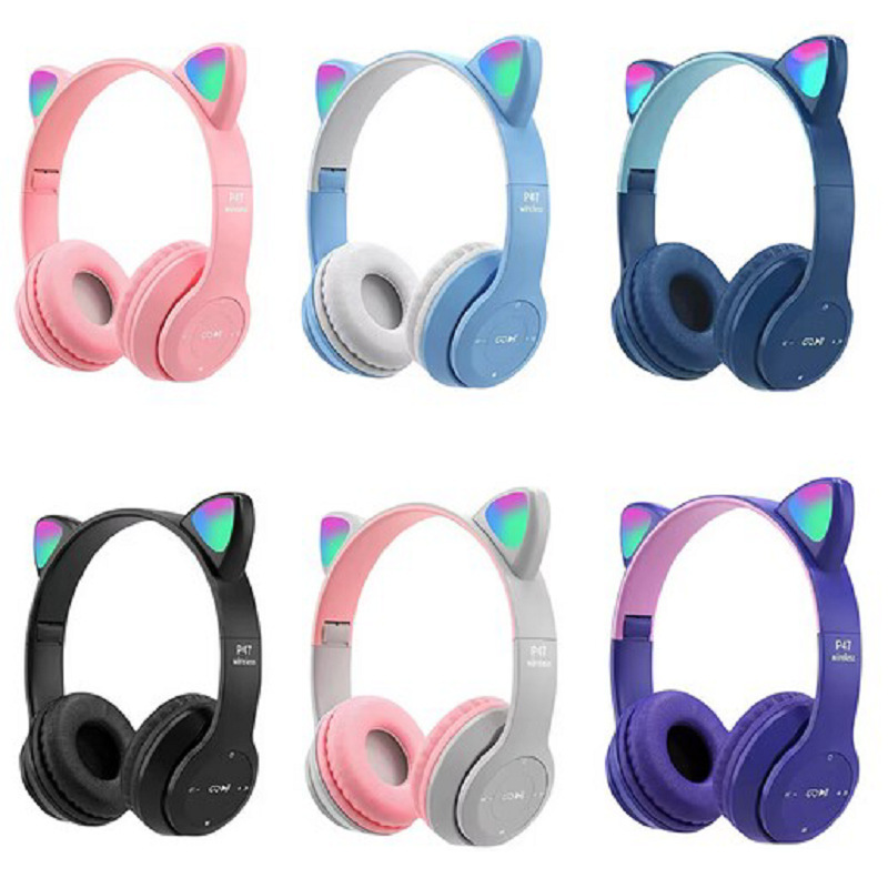 Cross-Border New P47M Cat Ear Luminous Head-Mounted Bluetooth Headset Cartoon Student Kidsren Wireless Headset Factory