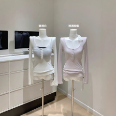 宅女同型FOT天糸ウールU襟ヘンリー2色快適貝殻ボタン底日焼け止めT小ゆるい