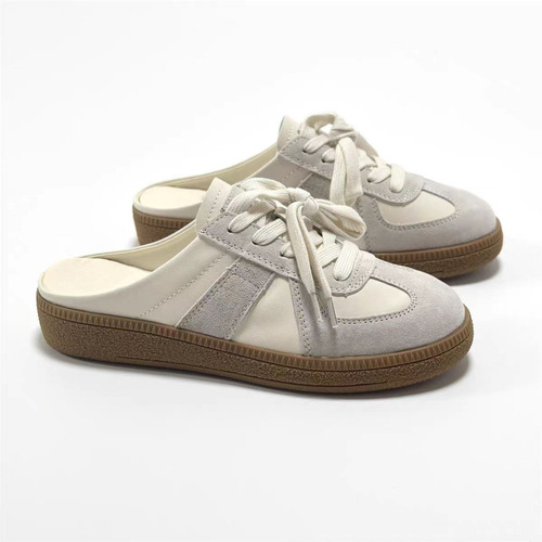 Vintage bow head half slipper women 2024 summer outdoor wear one foot pedal lazy people no heel military training shoes flat bottom sandals 