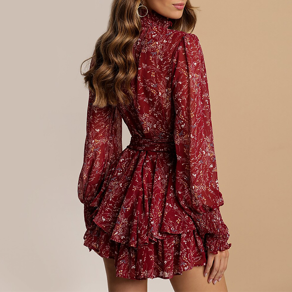 2026 New Spring Women's Clothing Cross-Border European And American Dresses Casual Floral Long-Sleeve Tie-Waist Ruffle_ecoleips.com