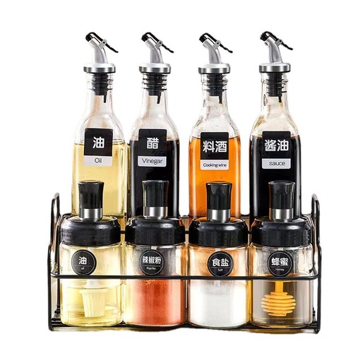 Set of 8 Spice Bottles Glass Oil Jars Kitchen Soy Sauce Vinegar Condiment Bottles Salt Jars Combo Set Shelf Decor Best Selling