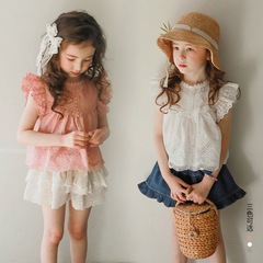 Cross-border girls' shirt 2024 new Korean style children's girls sleeveless lace-up fly sleeve strawberry Shan top T-shirt 