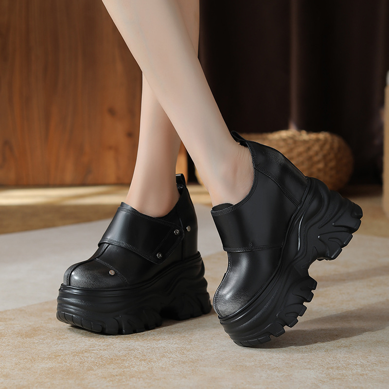 Giày cao gót nữ platform đế dày da thật cổ điển, gót 14 cm — Màu nâu