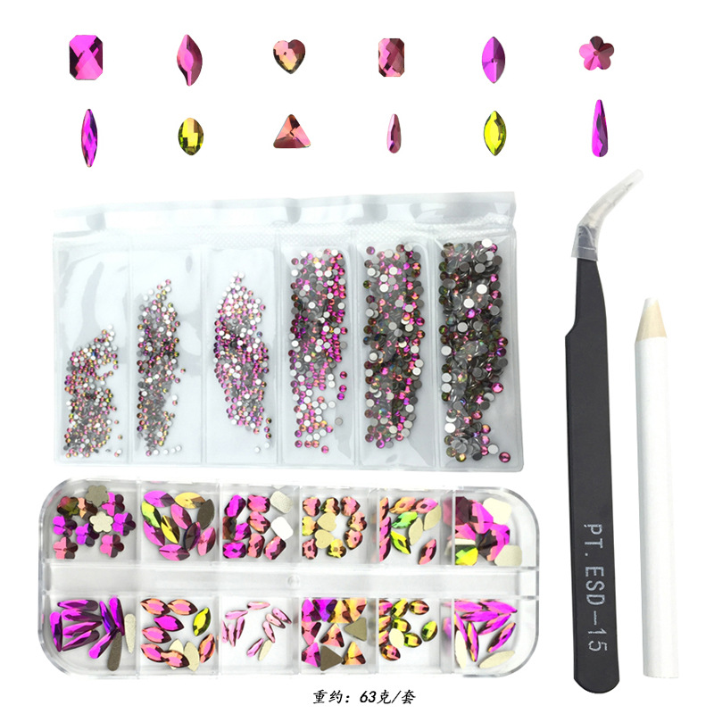 Estilo explosivo transfronterizo Juego de diamantes de uñas de 12 cuadrículas Vidrio azul real Diamante de forma especial Joyas de uñas Diamante plano Mezcla al por mayor