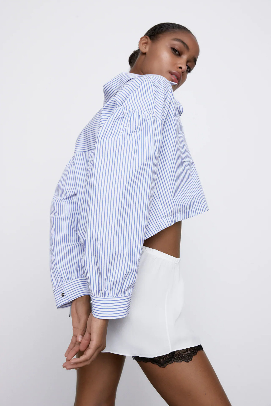 blue striped long-sleeve short shirt NSAM48882