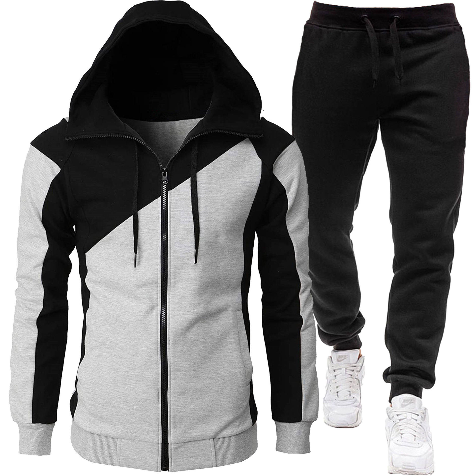 2024 Herbst und Winter Zweifarbige Patchworkjacke, Langärmlige Hose, Freizeitsport-Set für Herren mit Kapuze_voghion.com