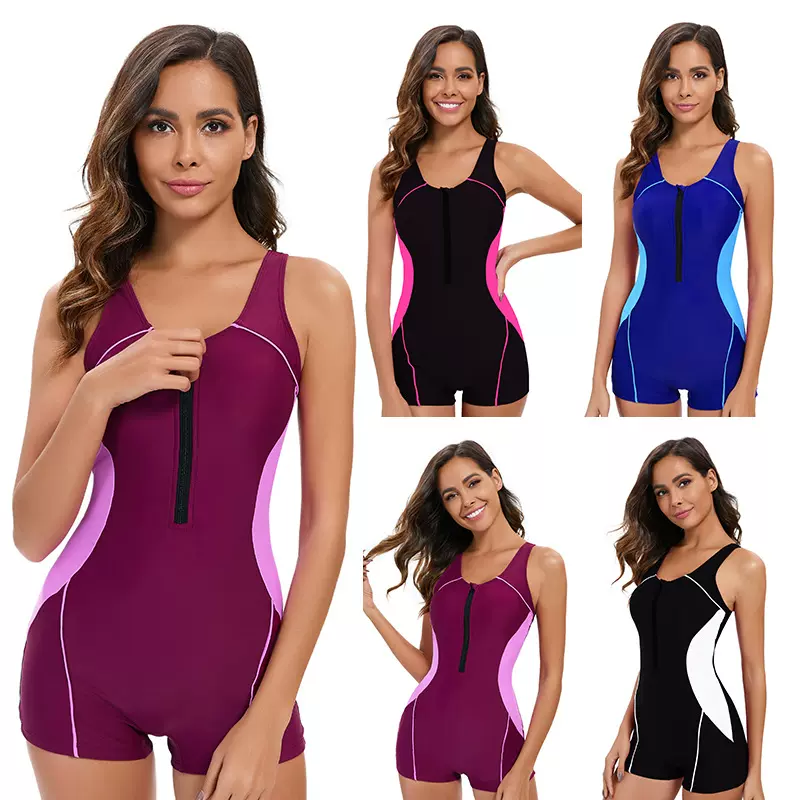 跨境新款拼色运动平角连体泳衣女亚马逊爆款性感露背拉链泳装批发