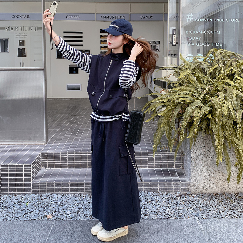 藏青色又酷又飒的穿搭套装女2025秋季新款休闲工装马甲裙子三件套|undefined
