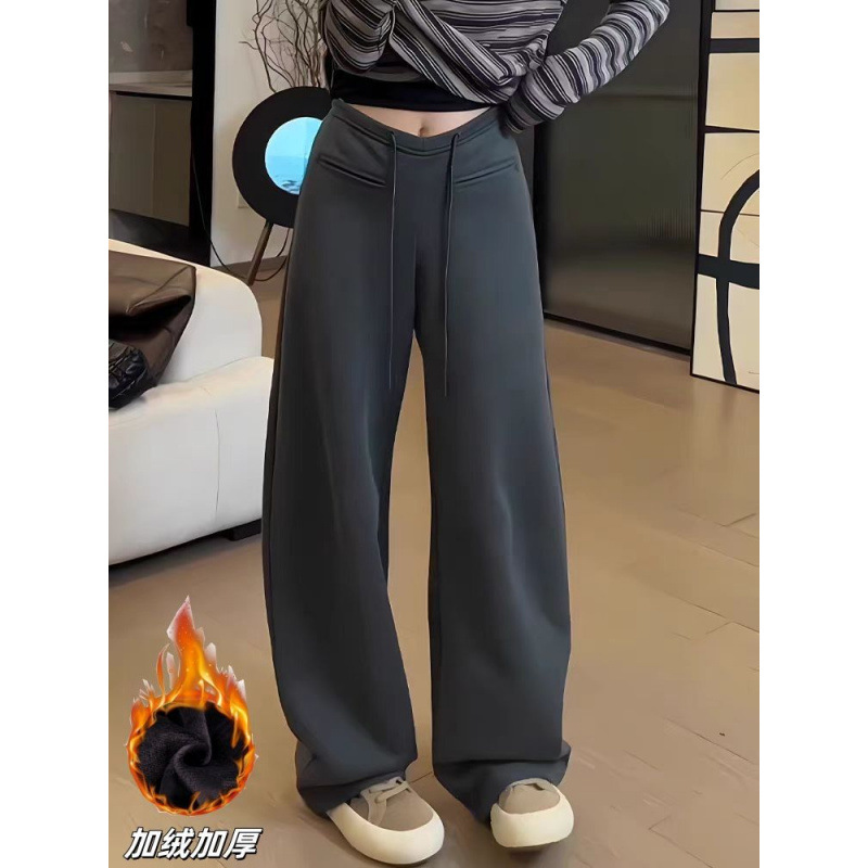 Fleece Thickened Personalized Scimitar Pants in Winter New Style Waist-lifting Banana Pants Slim Texture Straight-Line Casual Sleepy Sleeping Pants