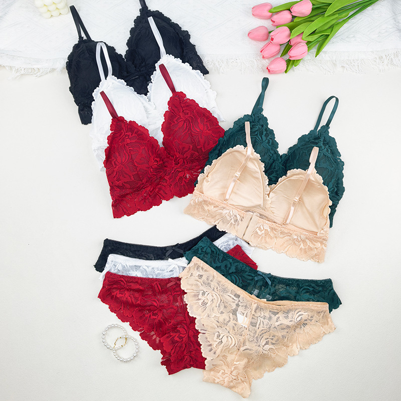 Bra de encaje francés de belleza de espalda femenina se reúne con ropa interior elástica alta ropa interior transpirable dos piezas