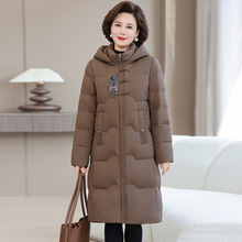 正品牌冬季连帽中长款过膝羽绒服大衣新中式刺绣白鸭绒保暖外套女