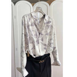 砂洗真si双绉衬衫女装上衣灰白水墨印花轻奢高级感桑蚕丝衬衣女