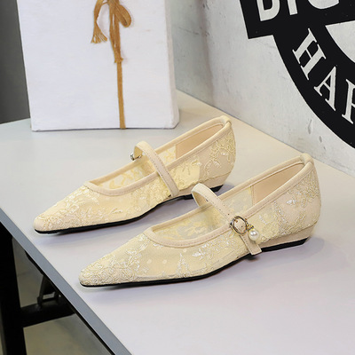 3683-K205 European and American style fashionable pearl decoration straight buckle strap pointed shallow mouth low heel 