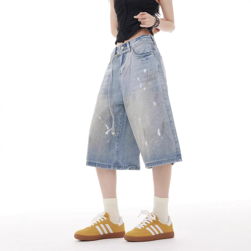American Retro Splatter Design Denim Cropped Pants Personalized Shorts Women Trendy Brand Belt Decoration Couple Pants Trendy
