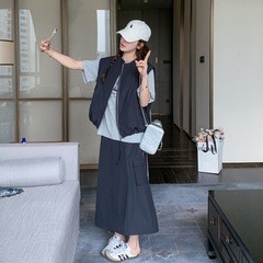 リアルショット気質雰囲気作業服ベストスカートスーツ2025新韓国風年齢軽減スポーツスタイル2点セット