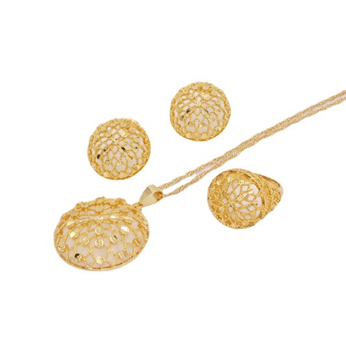 NOPEET Dubai Gold Jewelry Set African Wedding Accessories Indian Bride Necklace Earrings Ring Three-Piece Set