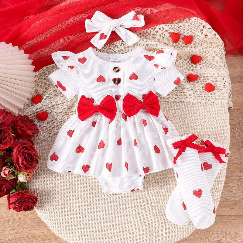 Children's clothing Red Love Pattern Short Sleeve Ha Clothes suit Bow Female Baby New