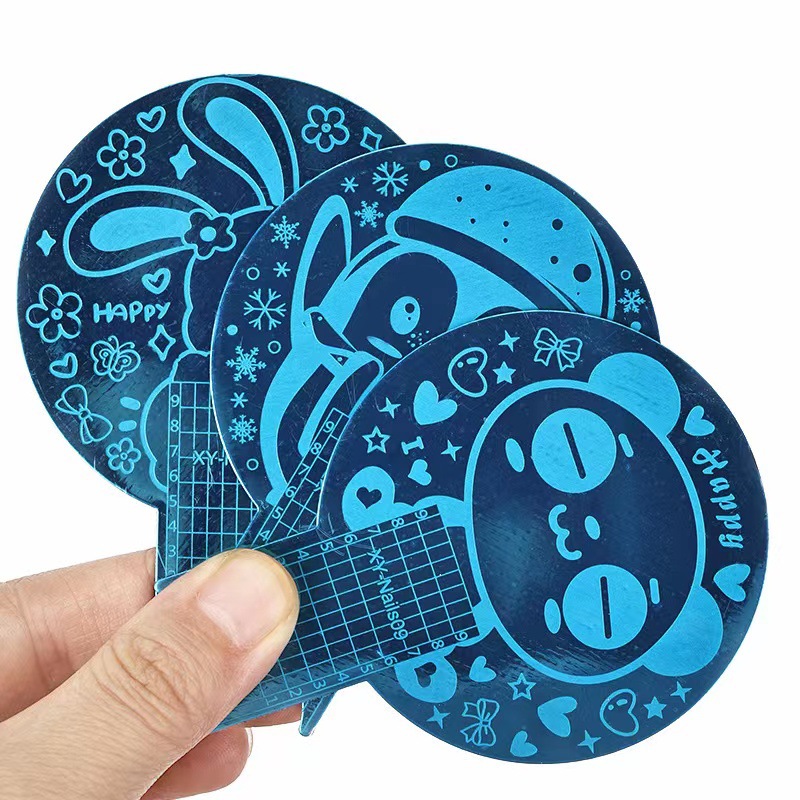 Nuevo producto transfronterizo plantilla de impresión de uñas película azul bricolaje redondo multifuncional impresión de uñas esmalte de uñas placa de acero pintada