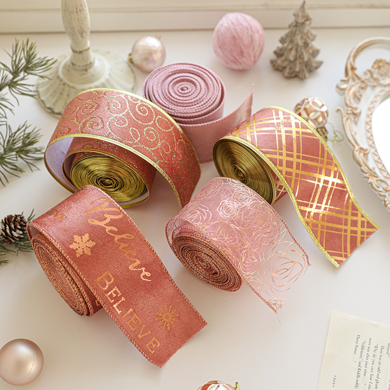 Decoración de Navidad, cinta de arco, cinta de oro, cinta de regalo de Navidad, cinta de impresión, cinta de vestido