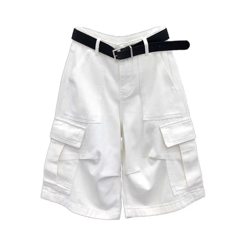 White Straight High-Waisted Workwear Denim Shorts for Women, Summer New Style, Multi-Pocket, Wide-Leg, Loose Casual Mid-Length Shorts