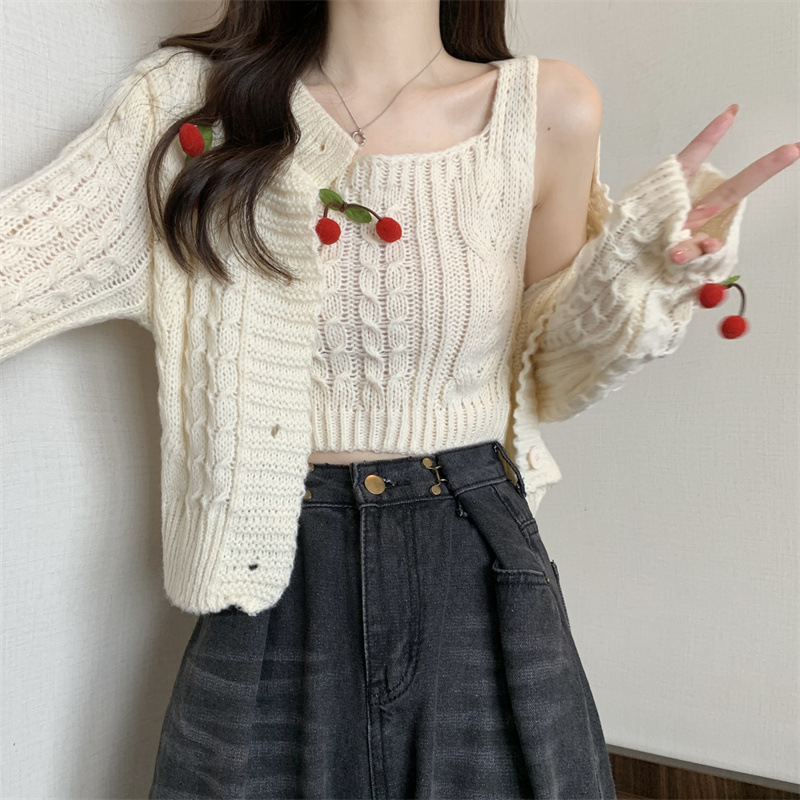 Three-dimensional Cherry Twist Knitted Cardigan Women's Spring and Autumn New Sweet Style All-match Long Sleeve Top Two-piece Sweater Trendy Three-dimensional Cherry Twist Knitted Cardigan Women's Spring and Autumn New Sweet Style All-match Long Sleeve Top Two-piece Sweater Trendy