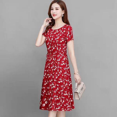 New fashion women's summer dress, middle-length, suitable for mothers, short-sleeved, plus-size dress for larger women