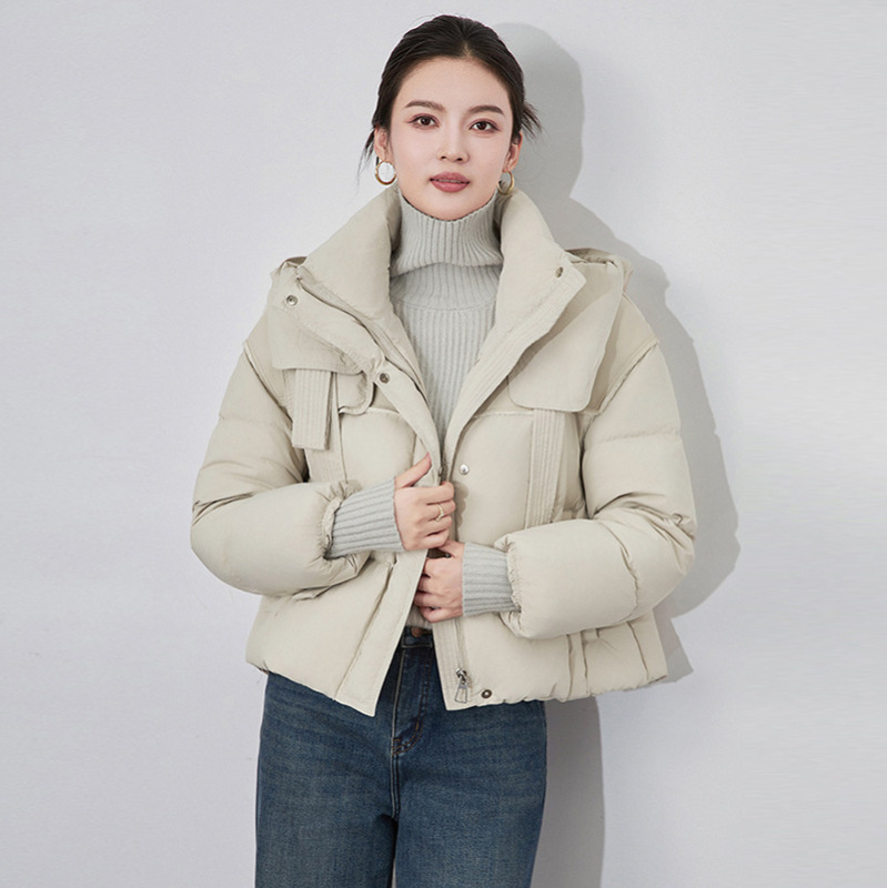高奢90白鸭绒长短款羽绒服女2025新款加厚拼接PU设计感飘带面包服|undefined