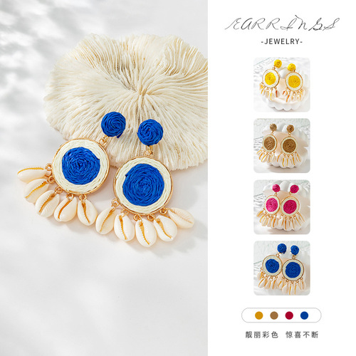 Travel and vacation style exaggerated shell earrings for women ins niche European and American colorful raffia braided earrings jewelry trend