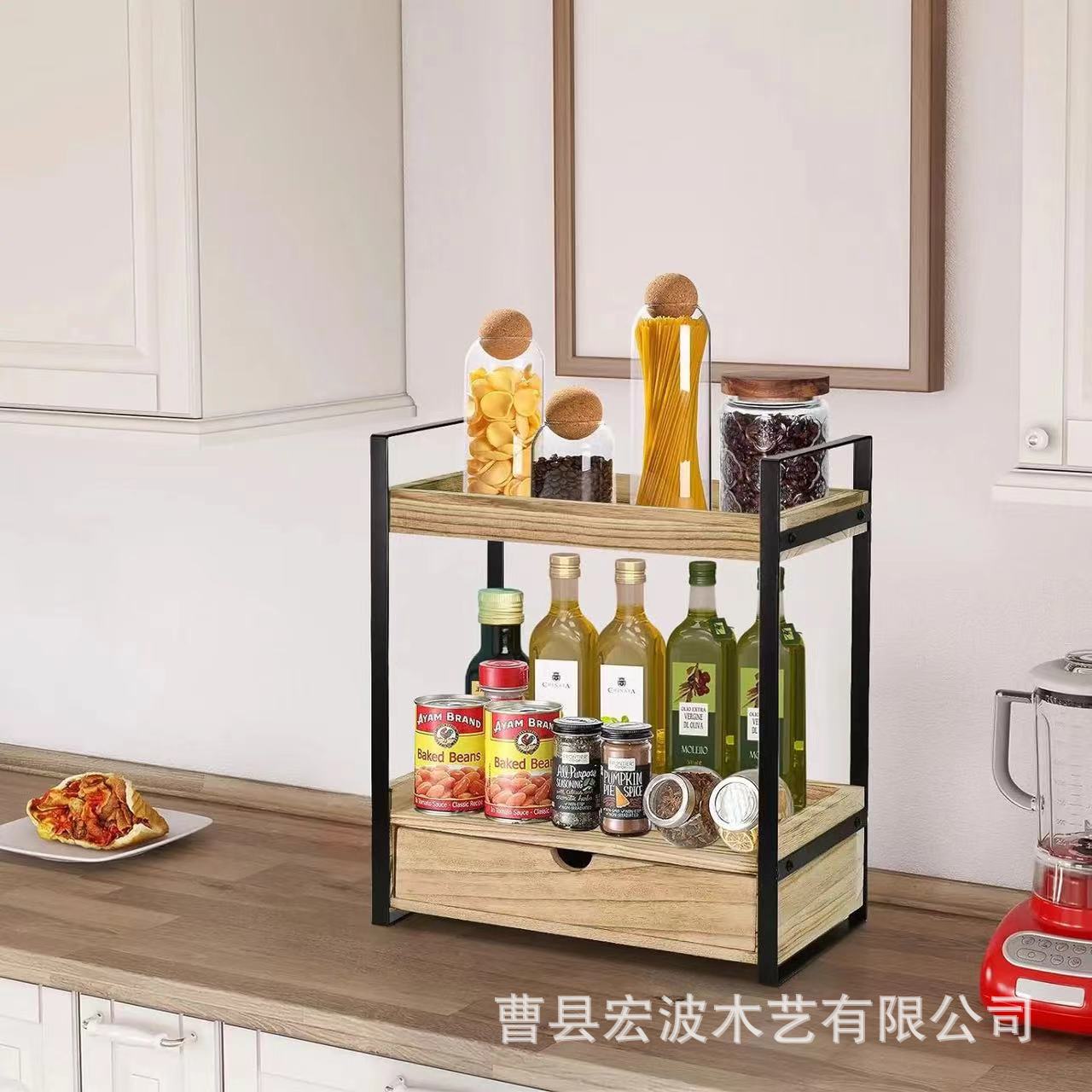 Solid Wood Cosmetic Fit Rack with Drawer Kitchen Double-Layer Seasoning Storage Rack Bedroom Cosmetic Wooden Storage Rack