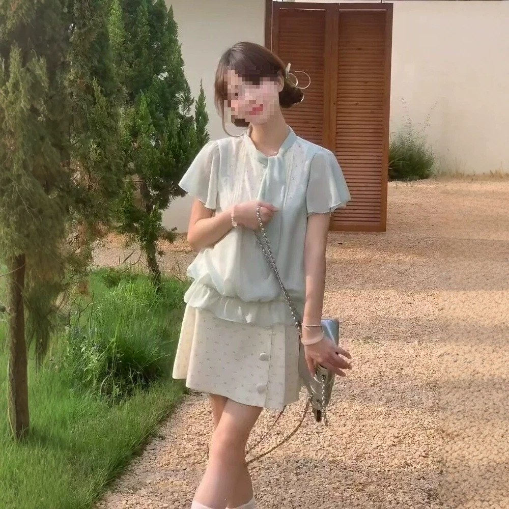 Lannaina Girlish Ribbon-Style Patchwork Top for Summer + Versatile Floral Pleated Skirt for Summer
