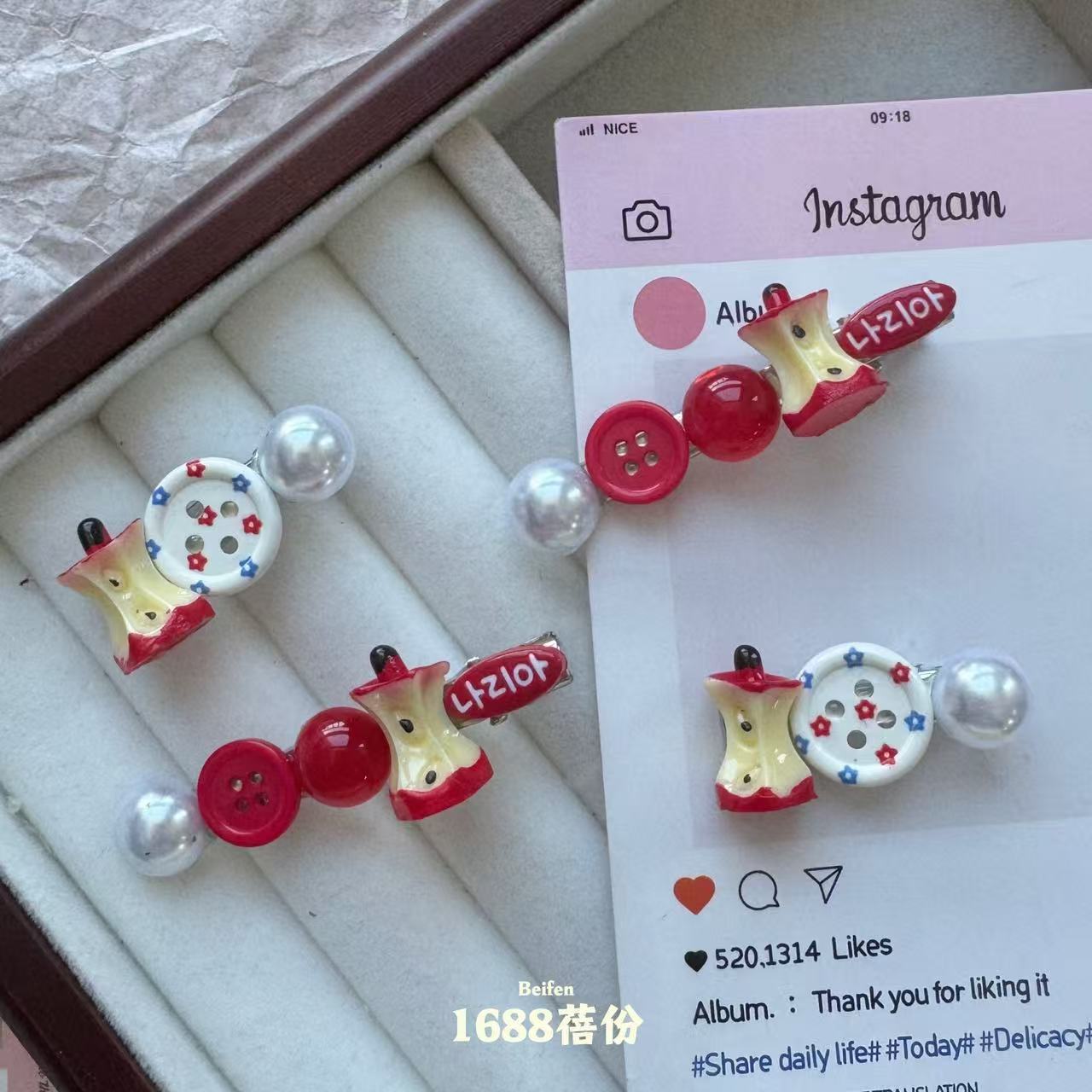 Korean Dongdaemun Hair Accessories Cute Red Apple Button Hairpin Sweet Fashion Versatile Bangs Side Clip Pearl