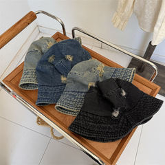 復古做舊牛仔漁夫帽女夏季街頭破洞遮陽防曬盆帽毛邊百搭布帽子