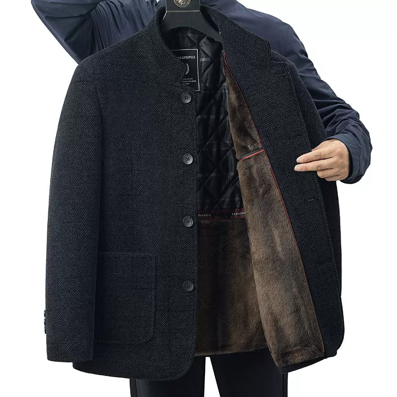 男士加绒加厚立领毛呢大衣2024秋冬季新款男装中老年爸爸装外套