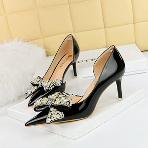 638-AH6 European and American Banquet Women's Shoes High Heel Thin Heel Shallow Mouth Pointed Pearl Rhinestone Bow 