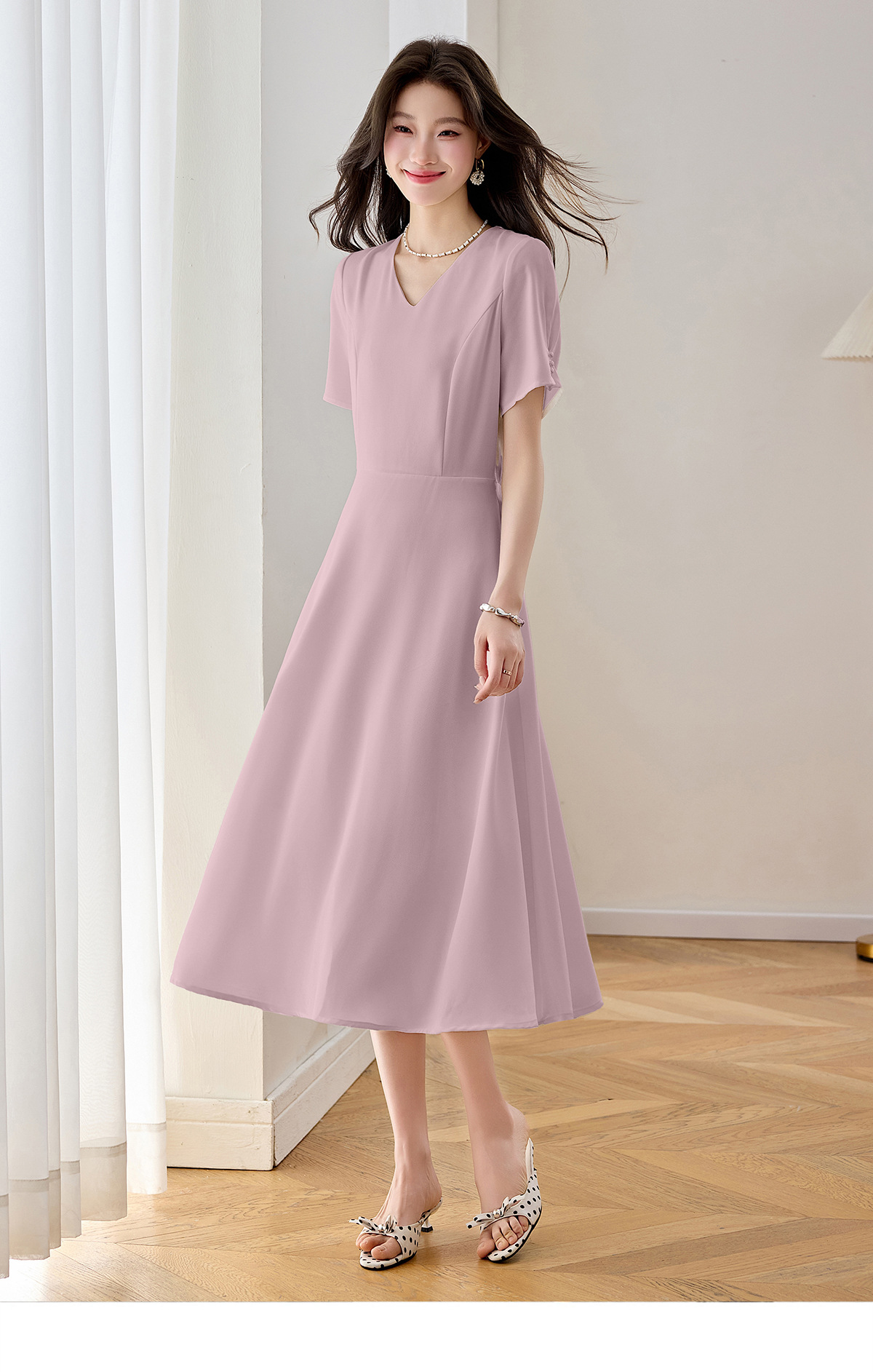 Đầm maxi nữ thắt eo cổ V dáng dài phối màu trơn — màu xanh đậm, màu tím, màu trắng chi tiết 18