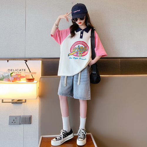Girls' Short Sleeve T-Shirt  Stylish New Children's Summer Polo Neck Top Big Kids Retro Colorblock Half Sleeve Trendy T