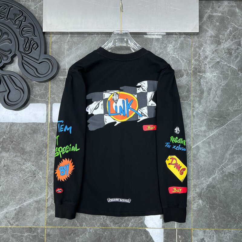 クロムハーツクロムハーツラウンドネックプリントダブルヤーンピュアコットン長袖Tシャツ、男女兼用、トレンディ|undefined